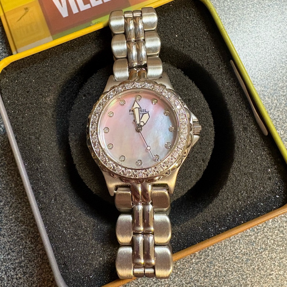 Fossil Silver Watch with Pearl Backing